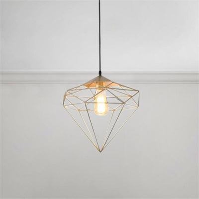 Modern Style Gold Metallic Prism Cage Pendant Light with Adjustable Cord - 1-Light Suspension Lamp