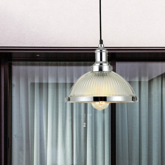 Industrial Ribbed Glass Dome Pendant Fixture - Antique Brass/Chrome