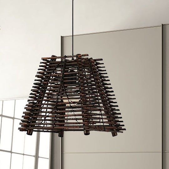 Rustic Trapezoid Bamboo Pendant Light for Dining Room - Single Light, Thin/Thick, Brown