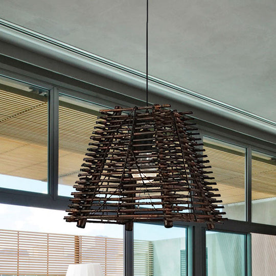 Rustic Trapezoid Bamboo Pendant Light for Dining Room - Single Light, Thin/Thick, Brown