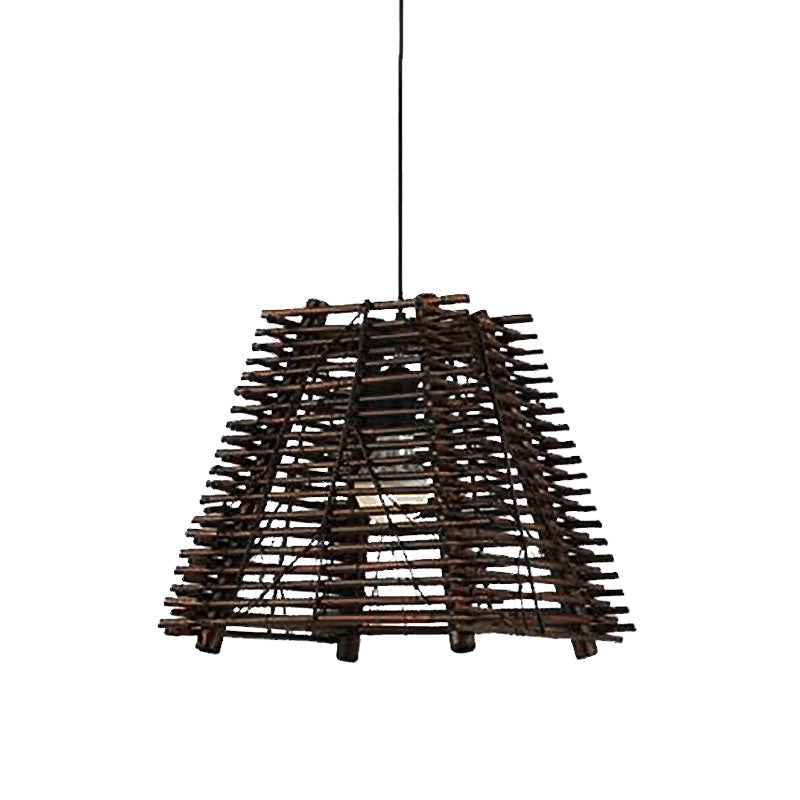 Rustic Trapezoid Bamboo Pendant Light for Dining Room - Single Light, Thin/Thick, Brown
