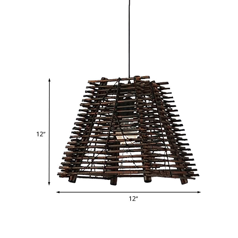 Rustic Trapezoid Bamboo Pendant Light for Dining Room - Single Light, Thin/Thick, Brown