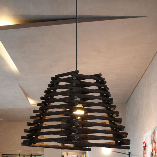 Rustic Trapezoid Bamboo Pendant Light for Dining Room - Single Light, Thin/Thick, Brown