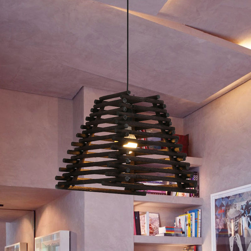 Rustic Trapezoid Bamboo Pendant Light for Dining Room - Single Light, Thin/Thick, Brown