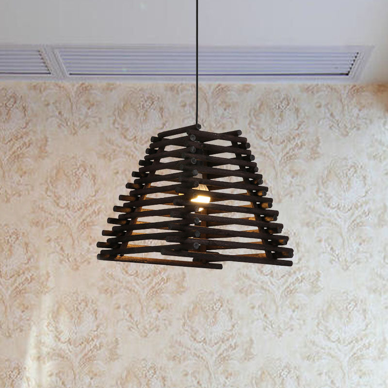 Rustic Trapezoid Bamboo Pendant Light for Dining Room - Single Light, Thin/Thick, Brown