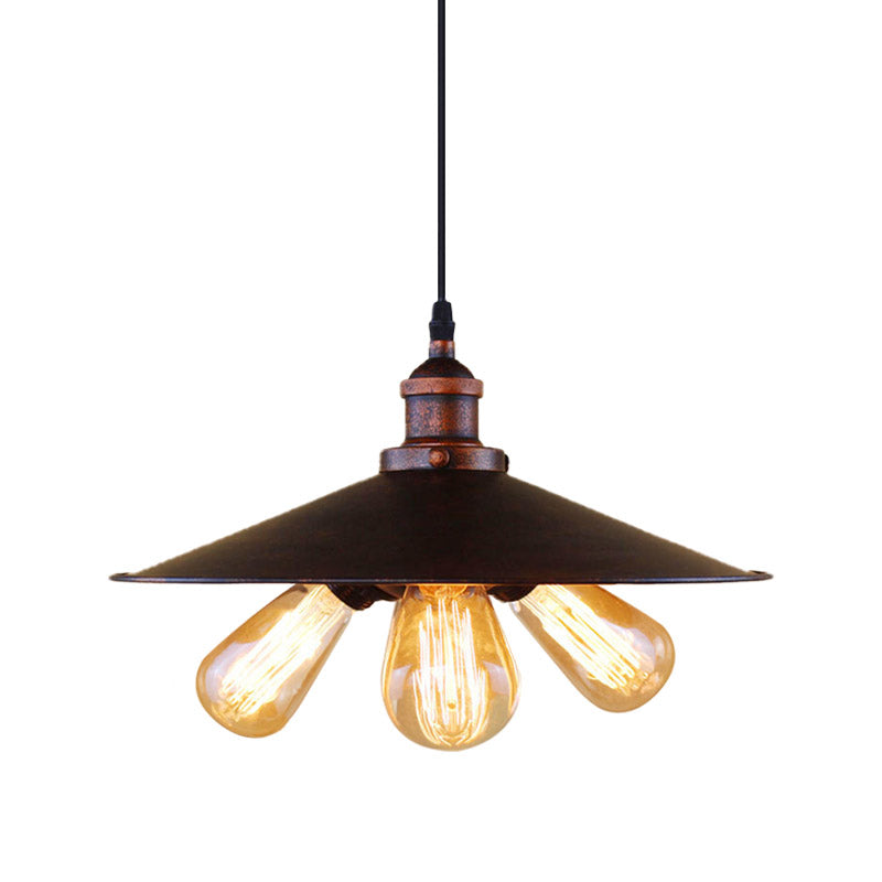 Lustre suspendu en métal rouillé de style antique - Éclairage à abat-jour plat à 3 lumières pour restaurants