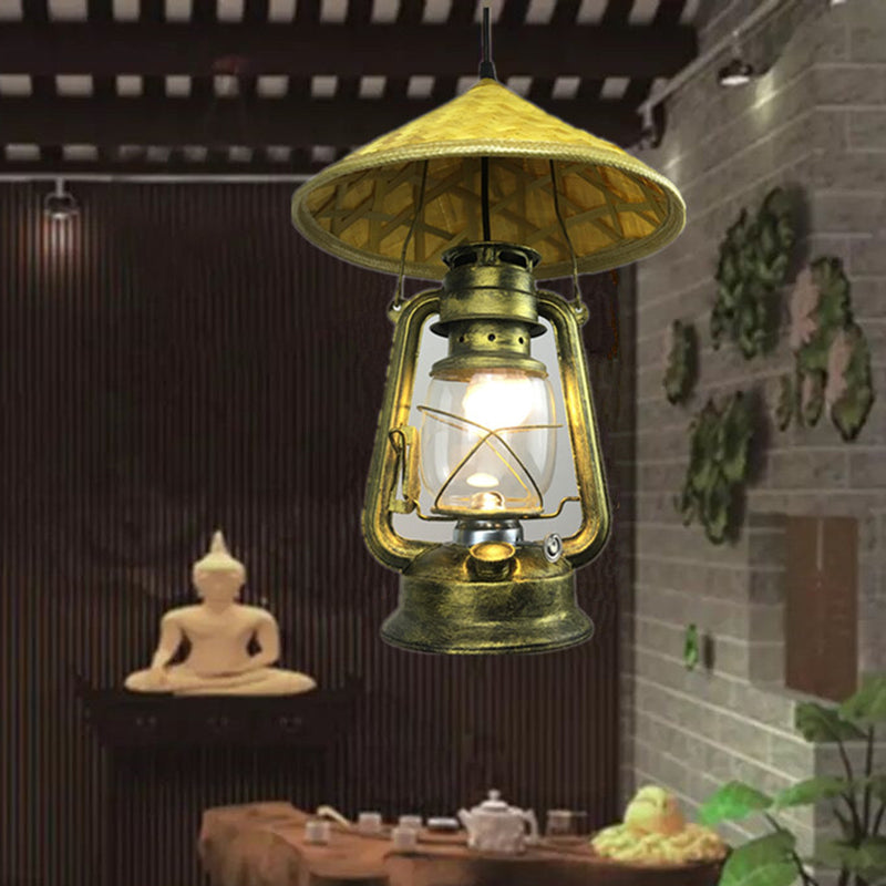 Lodge Style Rattan Pendant Light with Metal Lantern Shade - Brass, 12"/18" W
