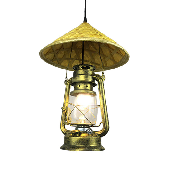 Lodge Style Rattan Pendant Light with Metal Lantern Shade - Brass, 12"/18" W