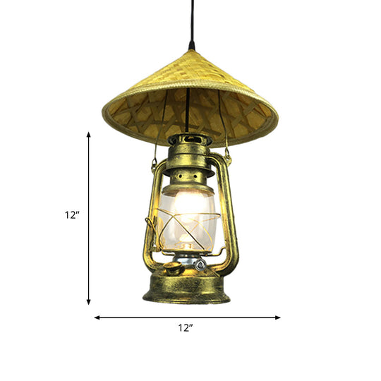 Lodge Style Rattan Hat Pendant Light With Metal Lantern Shade - Brass 12/18 W