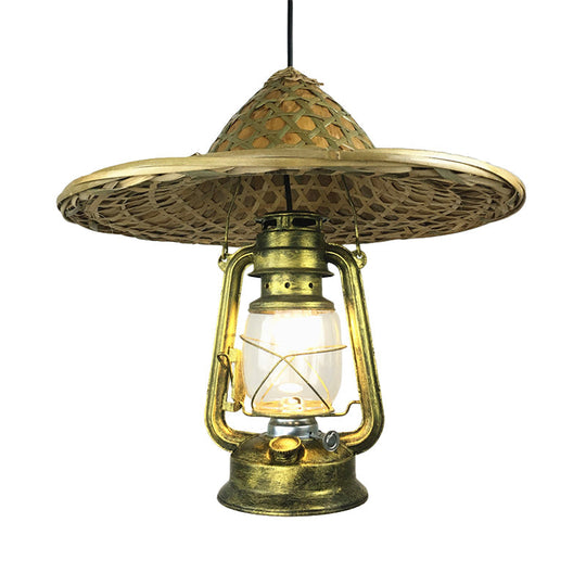 Lodge Style Rattan Pendant Light with Metal Lantern Shade - Brass, 12"/18" W