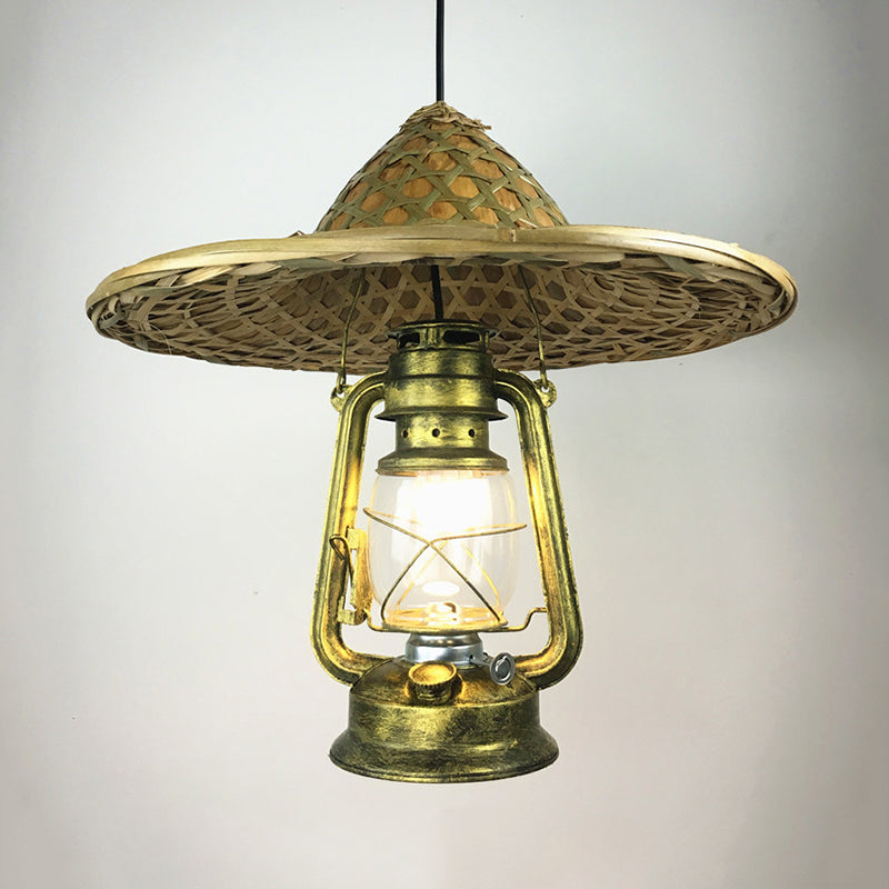 Lodge Style Rattan Pendant Light with Metal Lantern Shade - Brass, 12"/18" W