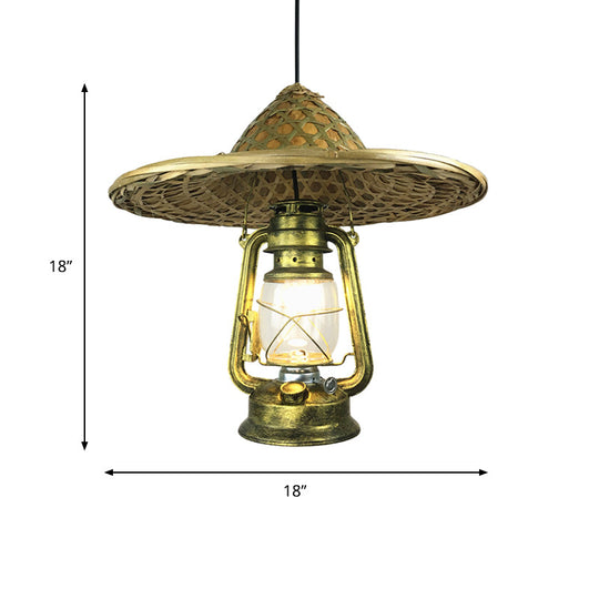 Lodge Style Rattan Pendant Light with Metal Lantern Shade - Brass, 12"/18" W