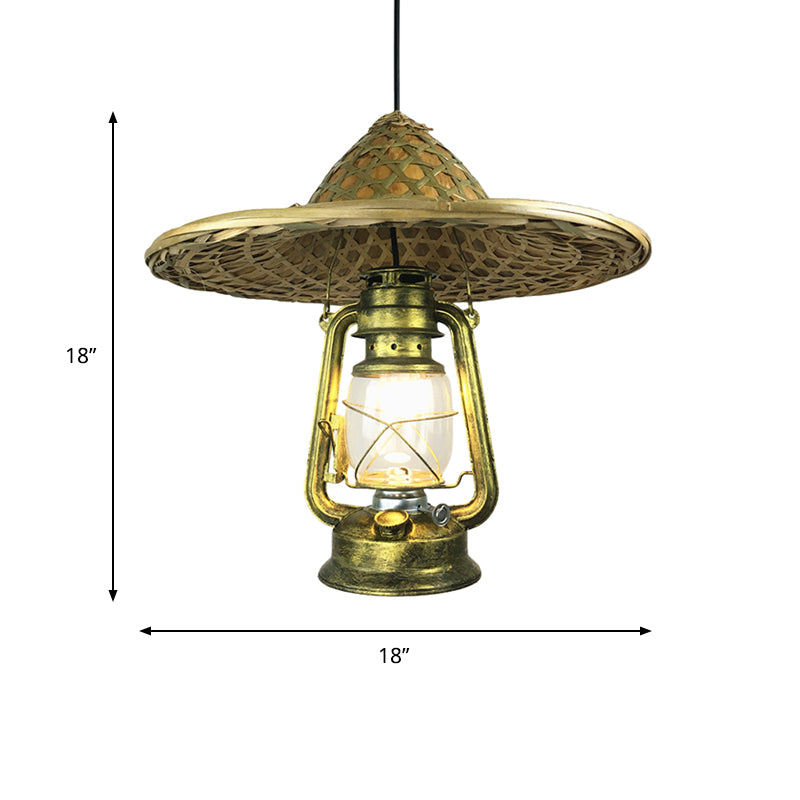 Lodge Style Rattan Hat Pendant Light With Metal Lantern Shade - Brass 12/18 W