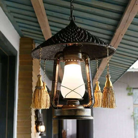 Frosted Glass Lantern Hanging Lamp - Lodge Style Ceiling Fixture For Balcony Black Finish With Hat