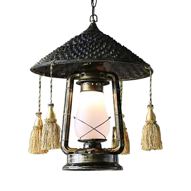 Black Lodge Style Glass Hanging Lantern for Balcony with Hat Design