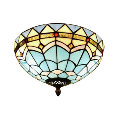 Stained Glass Bowl Flush Mount Ceiling Light - Lodge Style - 1/2/4 Light - Blue/Light Blue - 12"/16"/19.5" Width