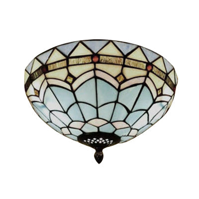 Stained Glass Bowl Flush Mount Ceiling Light - Lodge Style - 1/2/4 Light - Blue/Light Blue - 12"/16"/19.5" Width