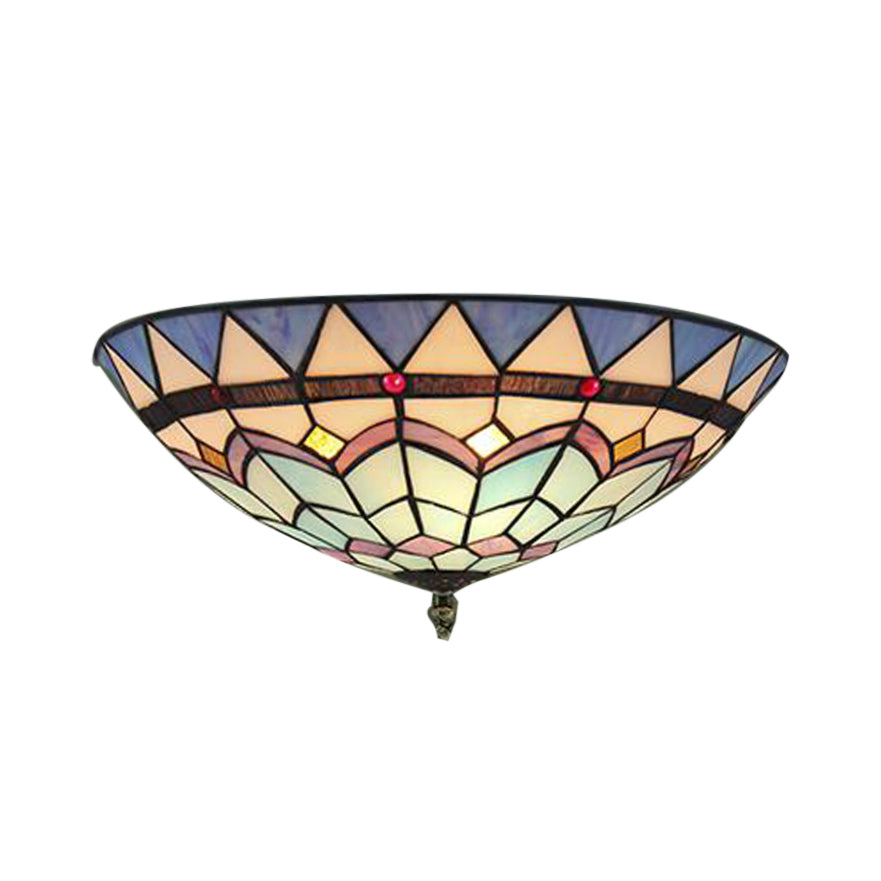 Stained Glass Bowl Flush Mount Ceiling Light - Lodge Style - 1/2/4 Light - Blue/Light Blue - 12"/16"/19.5" Width