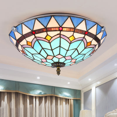 Stained Glass Bowl Flush Mount Ceiling Light - Lodge Style - 1/2/4 Light - Blue/Light Blue - 12"/16"/19.5" Width