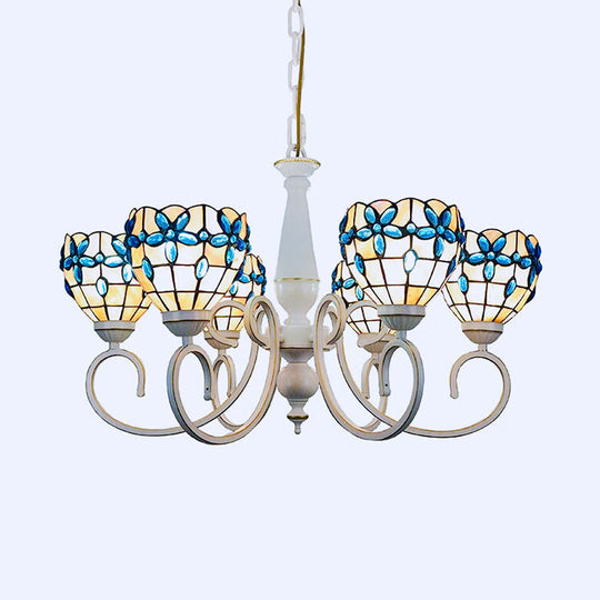 Stained Glass Inverted Chandelier with Floral Jewel Pattern - Lodge Domed Pendant Lighting (3/6/8 Lights, Beige)