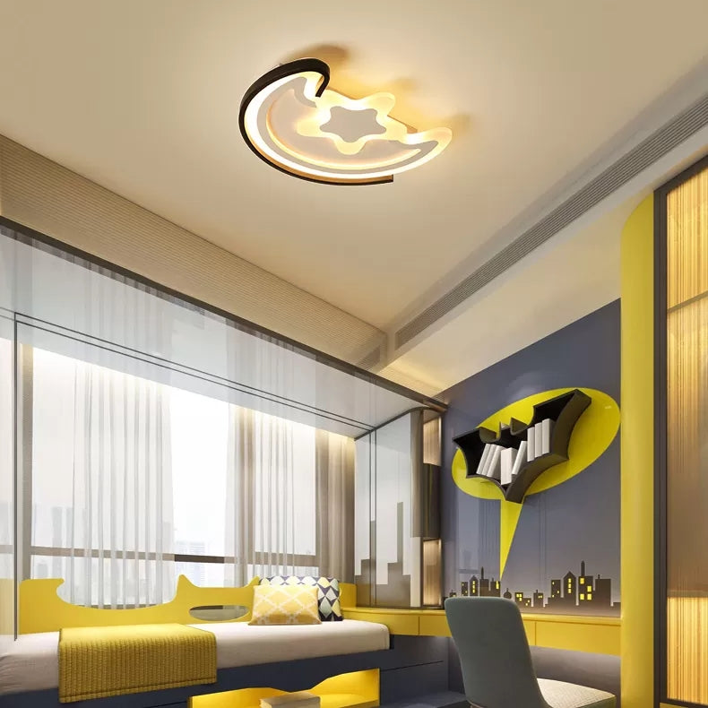 Cartoon LED Flushmount Light for Study Room - Acrylic Moon & Star Ceiling Fixture