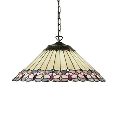 Baroque Art Glass Pendant Light - Conical Down Lighting - Pink/Green Stained - 1 Head - Suspended Design