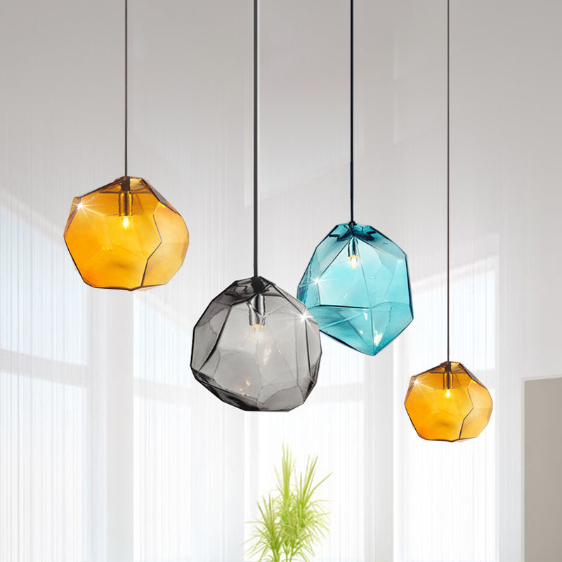 Contemporary Glass Pendant Light - Faceted Grey/Orange/Purple - 1-Light LED Hanging Lamp for Dining Room Fixture