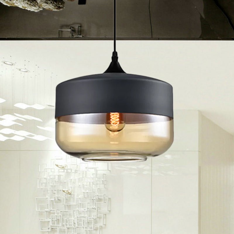 Modern 1-Light Drum/Cylinder/Jar Suspension Pendant – Clear/Yellow Glass – White/Black Fixture