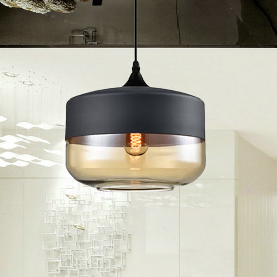 Modern 1-Light Glass Suspension Pendant In White/Black - 5/7/8 Wide Drum/Cylinder/Jar Clear/Yellow