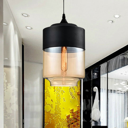 Modern 1-Light Drum/Cylinder/Jar Suspension Pendant – Clear/Yellow Glass – White/Black Fixture
