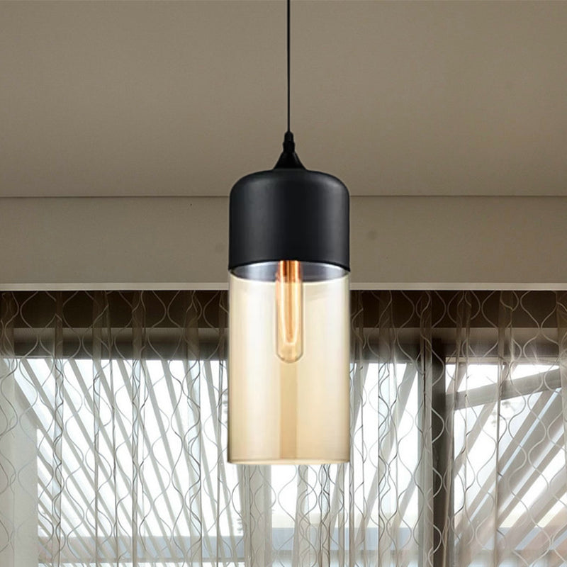 Modern 1-Light Drum/Cylinder/Jar Suspension Pendant – Clear/Yellow Glass – White/Black Fixture