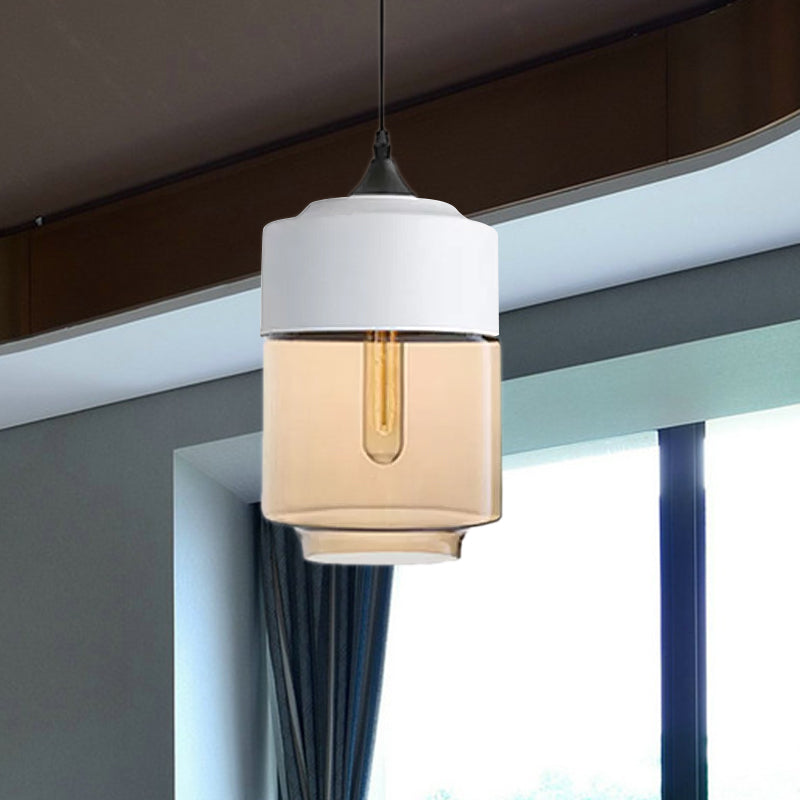 Modern 1-Light Drum/Cylinder/Jar Suspension Pendant – Clear/Yellow Glass – White/Black Fixture