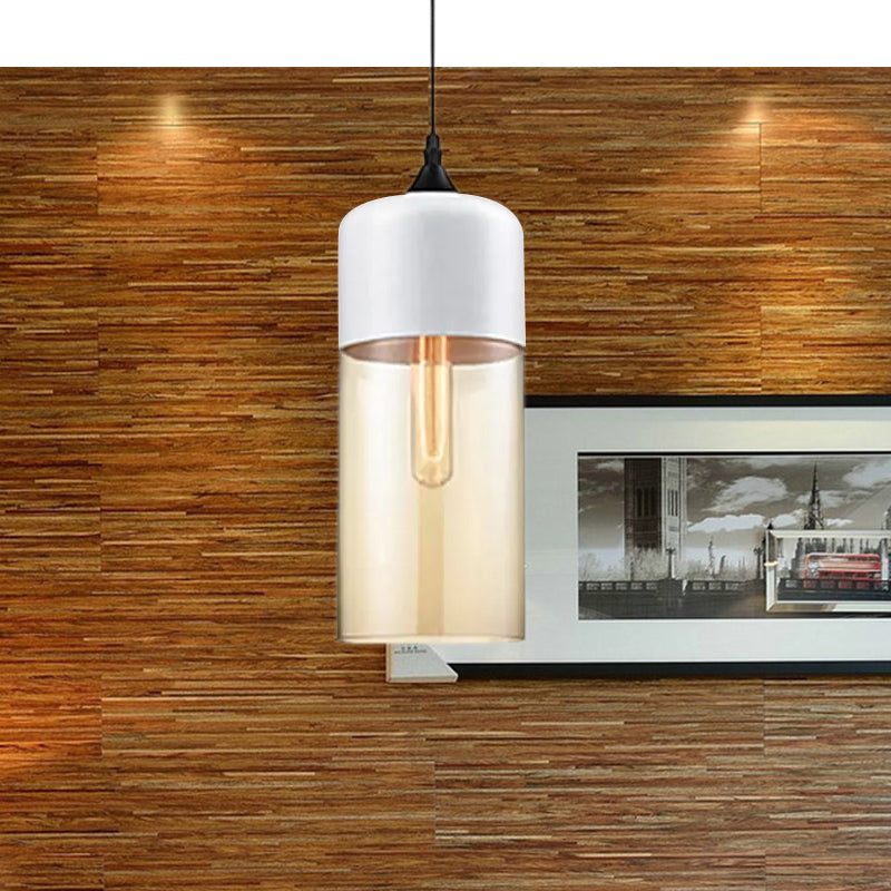 Modern 1-Light Glass Suspension Pendant In White/Black - 5/7/8 Wide Drum/Cylinder/Jar Clear/Yellow