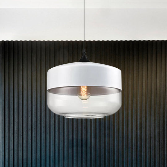 Modern 1-Light Glass Suspension Pendant In White/Black - 5/7/8 Wide Drum/Cylinder/Jar Clear/Yellow