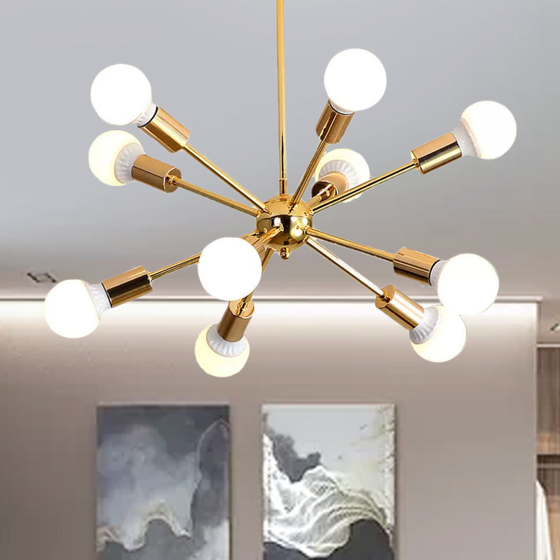 Modernist Metal Starburst Chandelier Light - 26"/38.5" Wide, Gold, 6/10/12 Lights - Hanging Ceiling Lamp with Bare Bulbs