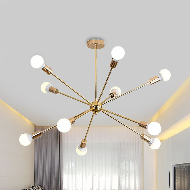 Modernist Metal Starburst Chandelier Light - 26"/38.5" Wide, Gold, 6/10/12 Lights - Hanging Ceiling Lamp with Bare Bulbs