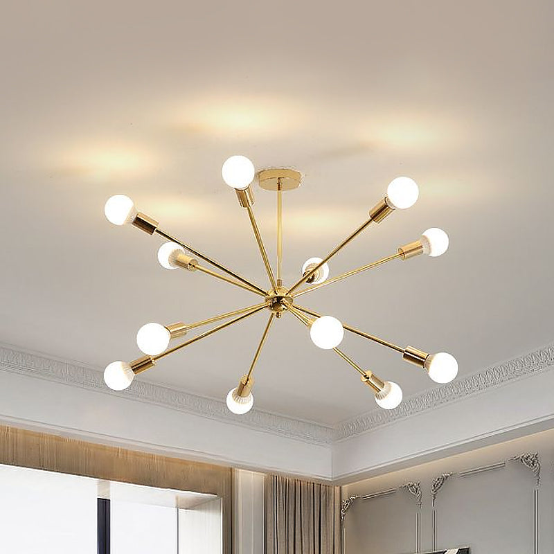 Modernist Metal Starburst Chandelier Light - 26"/38.5" Wide, Gold, 6/10/12 Lights - Hanging Ceiling Lamp with Bare Bulbs