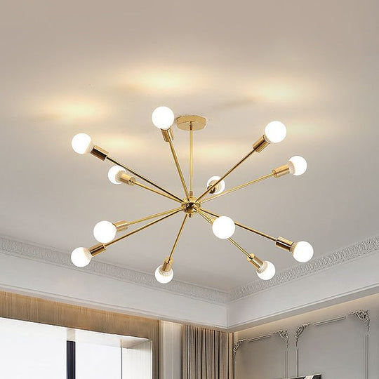Modernist Metal Starburst Chandelier Light - 26"/38.5" Wide, Gold, 6/10/12 Lights - Hanging Ceiling Lamp with Bare Bulbs