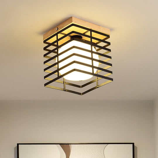 1-Light Black/White Metal Square Flush Mount Pendant Fixture for Corridor Ceiling