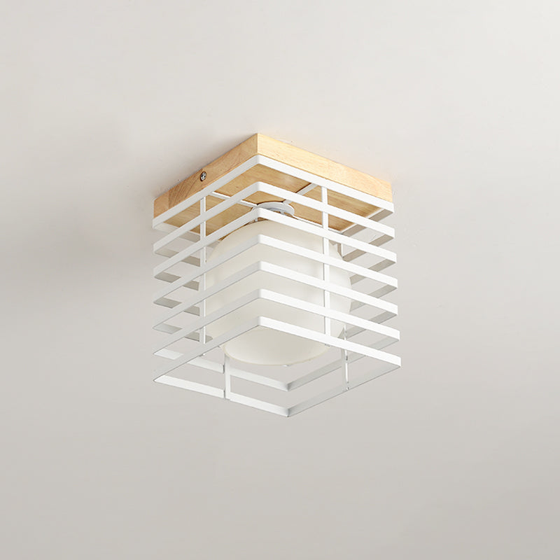 1-Light Black/White Metal Square Flush Mount Pendant Fixture for Corridor Ceiling