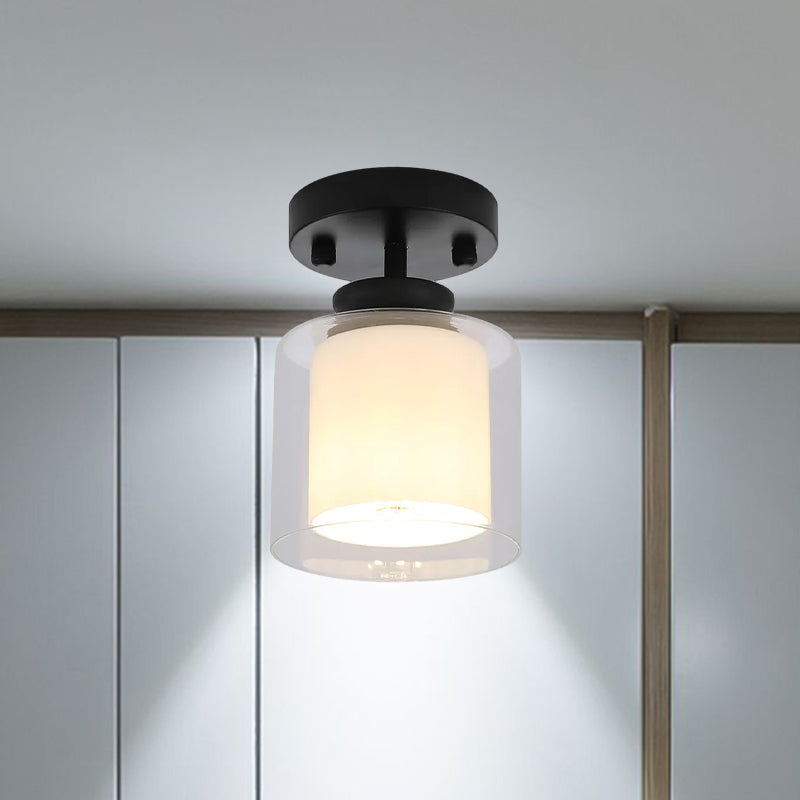 Contemporary Cylinder Semi Flush Ceiling Light with Glass Shade - Black/Silver/Gold Finish, 1 Bulb Fixture