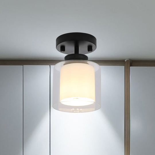 Contemporary Cylinder Semi Flush Ceiling Light With Glass Shade - Black/Silver/Gold Finish 1 Bulb