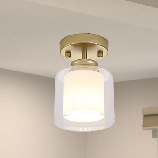 Contemporary Cylinder Semi Flush Ceiling Light with Glass Shade - Black/Silver/Gold Finish, 1 Bulb Fixture