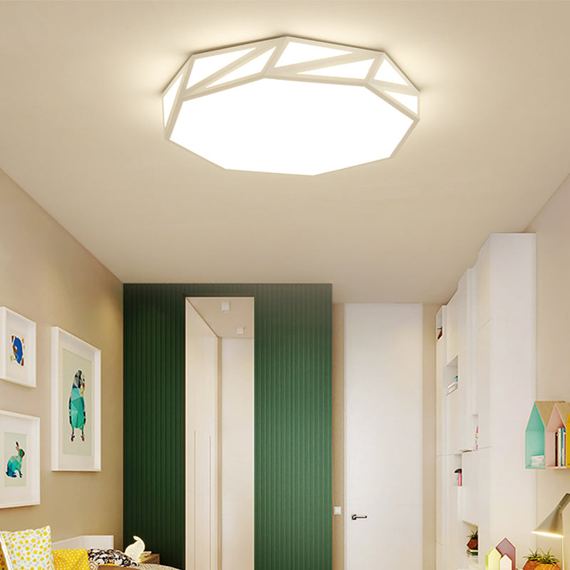Modern Faceted Ceiling Flush Mount LED Fixture - White/3 Color Light, Wooden Bedroom Design - 16"/19.5" W