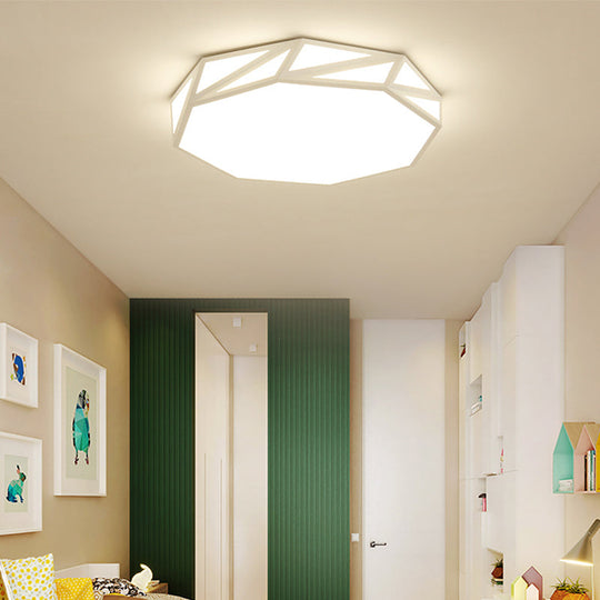 Modern Faceted Ceiling Flush Mount LED Fixture - White/3 Color Light, Wooden Bedroom Design - 16"/19.5" W