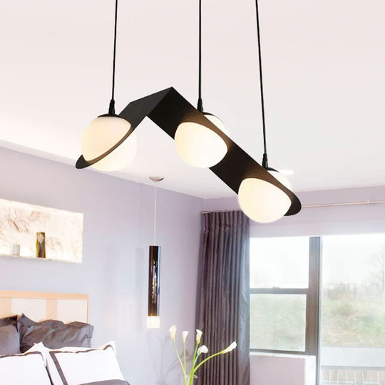 Modernist Ball White Glass Cluster Pendant Light - Straight/Curved Design 2/3 Lights Black Led