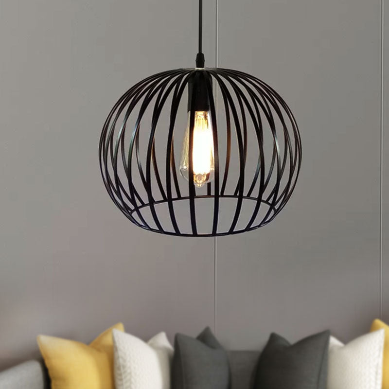 Industrial Metal Pendant Light in Satin Black - 12"/14" Wide Globe Cage, 1 Bulb, Perfect for Living Room