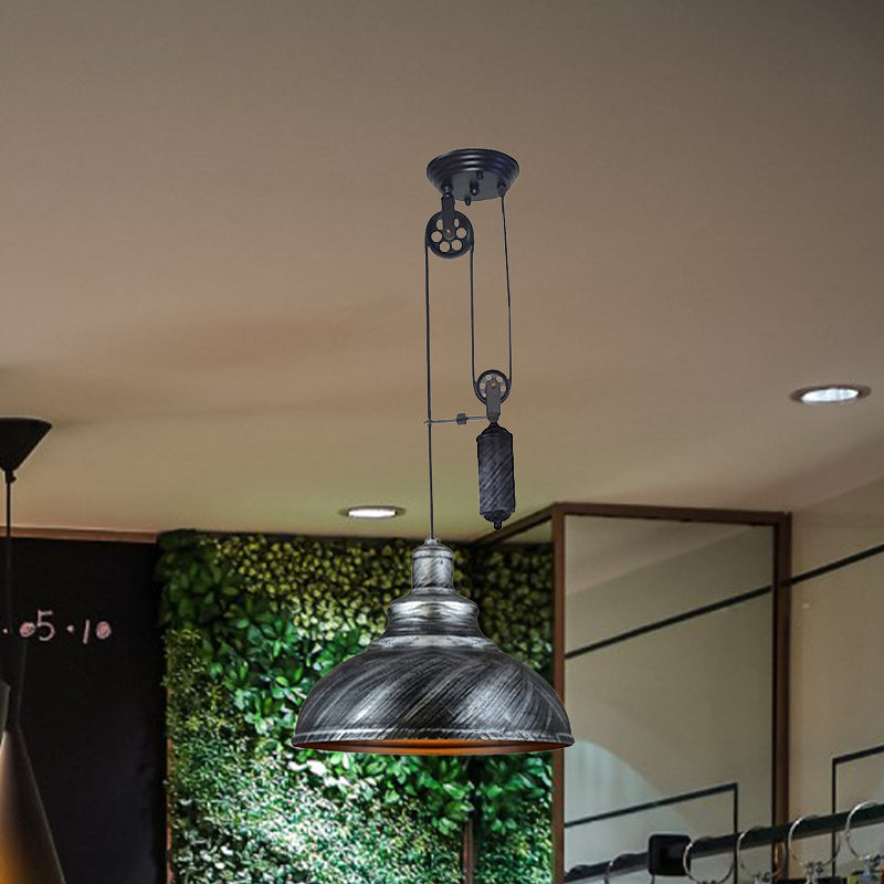 Rustic Industrial Dome Pendant Lamp With Pulley - 1 Light Brown/Grey Fixture For Living Room