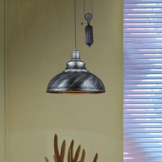 Lampe suspendue rustique industrielle en forme de dôme avec poulie - 1 luminaire en métal marron/gris pour l'éclairage du salon