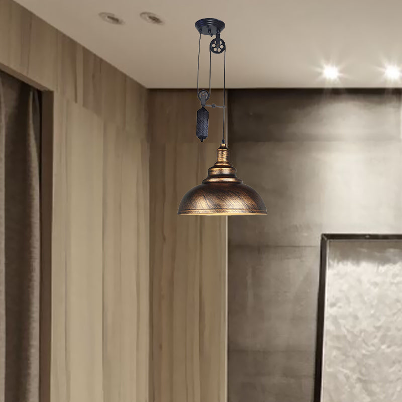 Lampe suspendue rustique industrielle en forme de dôme avec poulie - 1 luminaire en métal marron/gris pour l'éclairage du salon